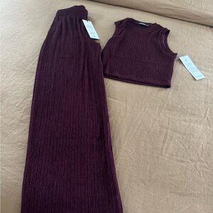 Sleeveless Ribbed Top and Pants Set - Burgundy